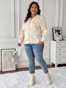 SHEIN LUNE Áo khoác Jacquard họa tiết hoa giản dị mùa xuân/thu cỡ lớn - Màu be - Xem 6