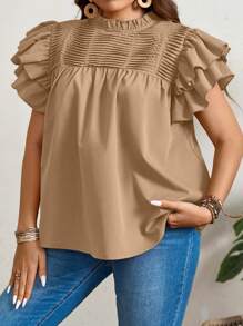 SHEIN LUNE Plus Size Women's Summer Solid Color Frill Trim Stand Collar Double Layer Cap Sleeve Blouse - Khaki - View 6