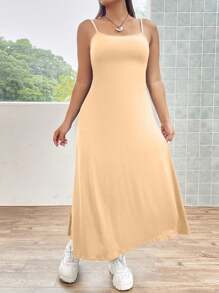 Flirla Plus Size Spaghetti Strap Backless Fitted Elegant Versatile All-Match Dress - Apricot - View 5