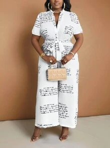 Slaydiva 優雅且休閒鬆身圖案印花襯衫領大尺碼連身褲，適合通勤和日常穿著