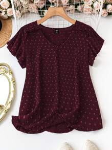 SHEIN LUNE Áo sơ mi chấm bi cổ chữ V tay ngắn cỡ lớn thoải mái, rộng rãi, thời trang, dành cho mùa hè - Màu tím - Xem 1