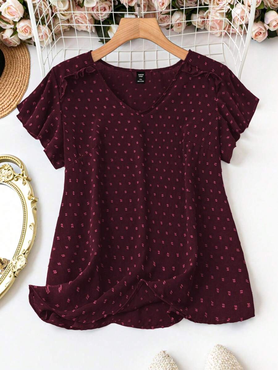 SHEIN LUNE Áo sơ mi chấm bi cổ chữ V tay ngắn cỡ lớn thoải mái, rộng rãi, thời trang, dành cho mùa hè - Màu tím - Xem 1