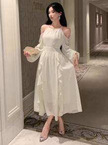 DAZY Đầm dài tay màu trơn dành cho nữ, cổ bèo nhún, khoét eo, thanh lịch, thích hợp cho sinh nhật, đêm giao thừa, dạ hội, trang phục mùa thu, trang phục đi học. - trắng - Xem 1