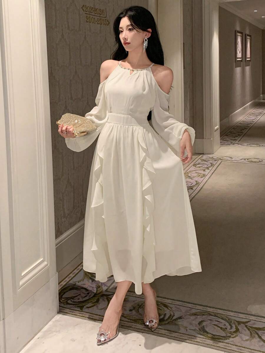 DAZY Đầm dài tay màu trơn dành cho nữ, cổ bèo nhún, khoét eo, thanh lịch, thích hợp cho sinh nhật, đêm giao thừa, dạ hội, trang phục mùa thu, trang phục đi học. - trắng - Xem 1