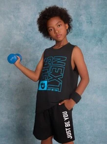 SHEIN Tween Boy Knitted Printed Vest With Slanted Pockets And Drawstring Shorts Sports Two-Piece Set - Black - View 1