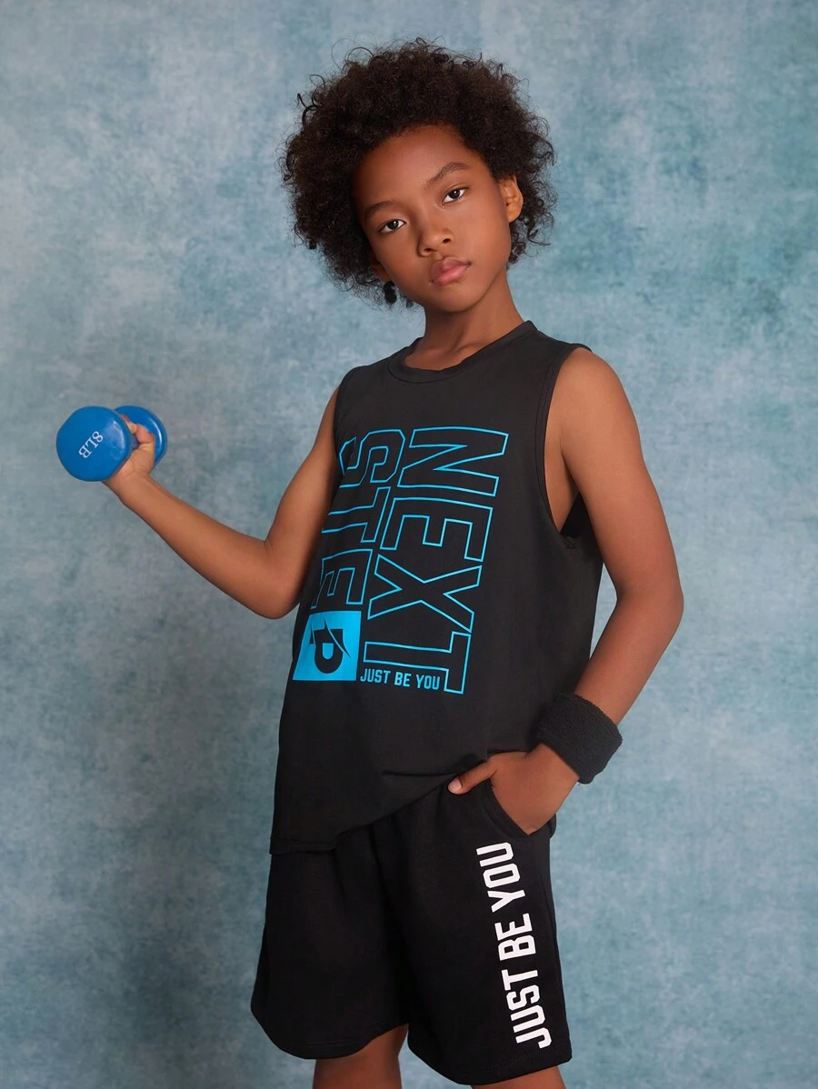 SHEIN Tween Boy Knitted Printed Vest With Slanted Pockets And Drawstring Shorts Sports Two-Piece Set - Black - View 1