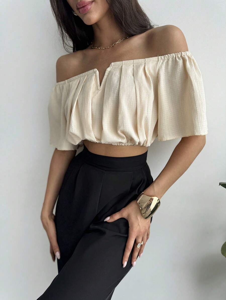 SHEIN Privé Plus Kích Thước Thanh Lịch Đơn Giản Hàng Ngày Ngày Lãng Mạn Ngoài Vai Ngắn Eo Dây Rút Cổ Chữ V Rời Hoa Mai Áo Sơ Mi Nữ - Màu be - Xem 1
