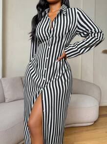 Zolique Vestido camisero de manga larga con botones en negro y blanco a rayas, para otoño, para maestras, de vuelta al trabajo, elegante vestido largo para mujer - Blanco y Negro - Ver 4