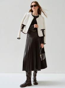 Enchnt 春夏浪漫法式黑色百褶PU半身裙，甜美优雅，适合日常休闲穿着、工作装、下午茶、浪漫约会、假日、毕业典礼、日常通勤、度假、音乐会等场合。 - 黑色 - 查看 3