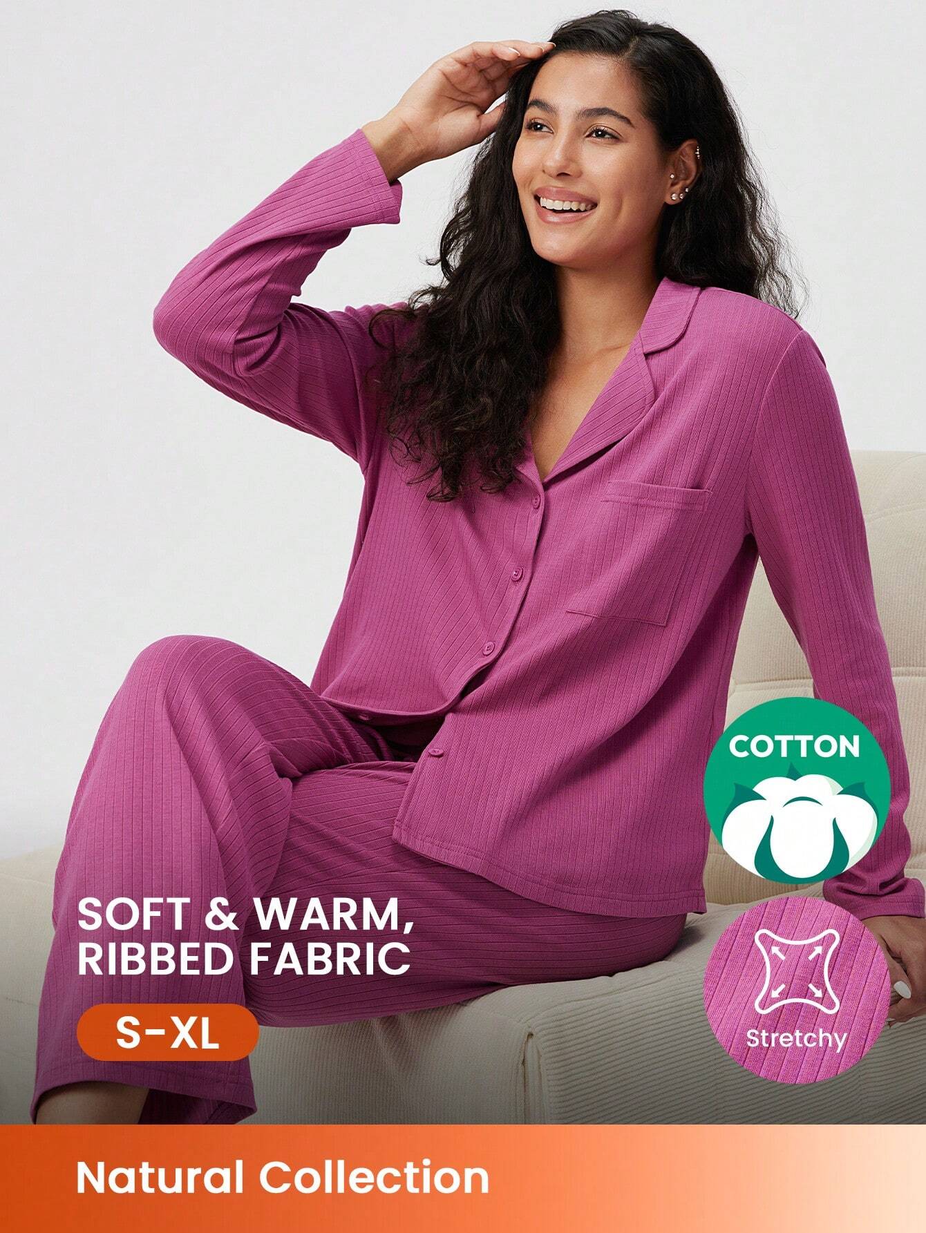 Conjunto de pijama clásico básico de algodón acanalado cómodo de color rosa con top de manga larga con botones y pantalones, conjunto de ropa de estar en casa de otoño e invierno para mujeres