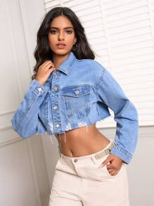 SHEIN PETITE Women's Plain Simple Everyday Long Sleeve Ripped Denim Jacket - Blue - View 4