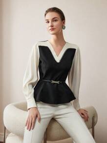 MOTF PREMIUM TWO TONE V-NECK LANTERN SLEEVE PEPLUM TOP WITHOUT BELT