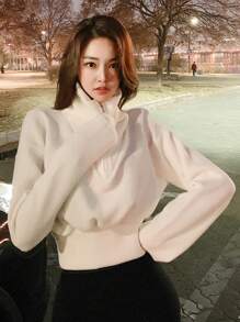 DAZY 1件女士纯色短款收腰翻领卫衣，秋季长袖上衣，返校季服装，秋季女装连帽衫 - 白色 - 查看 4