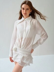 Enchnt Robe longue à manches longues avec boutons devant, application florale et volants, couleur unie pour femme