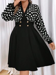 Celure Plus Size V-Neck Contrast Color Polka Dot Patchwork Waist Cinched Printed Metal Button Decor Dress