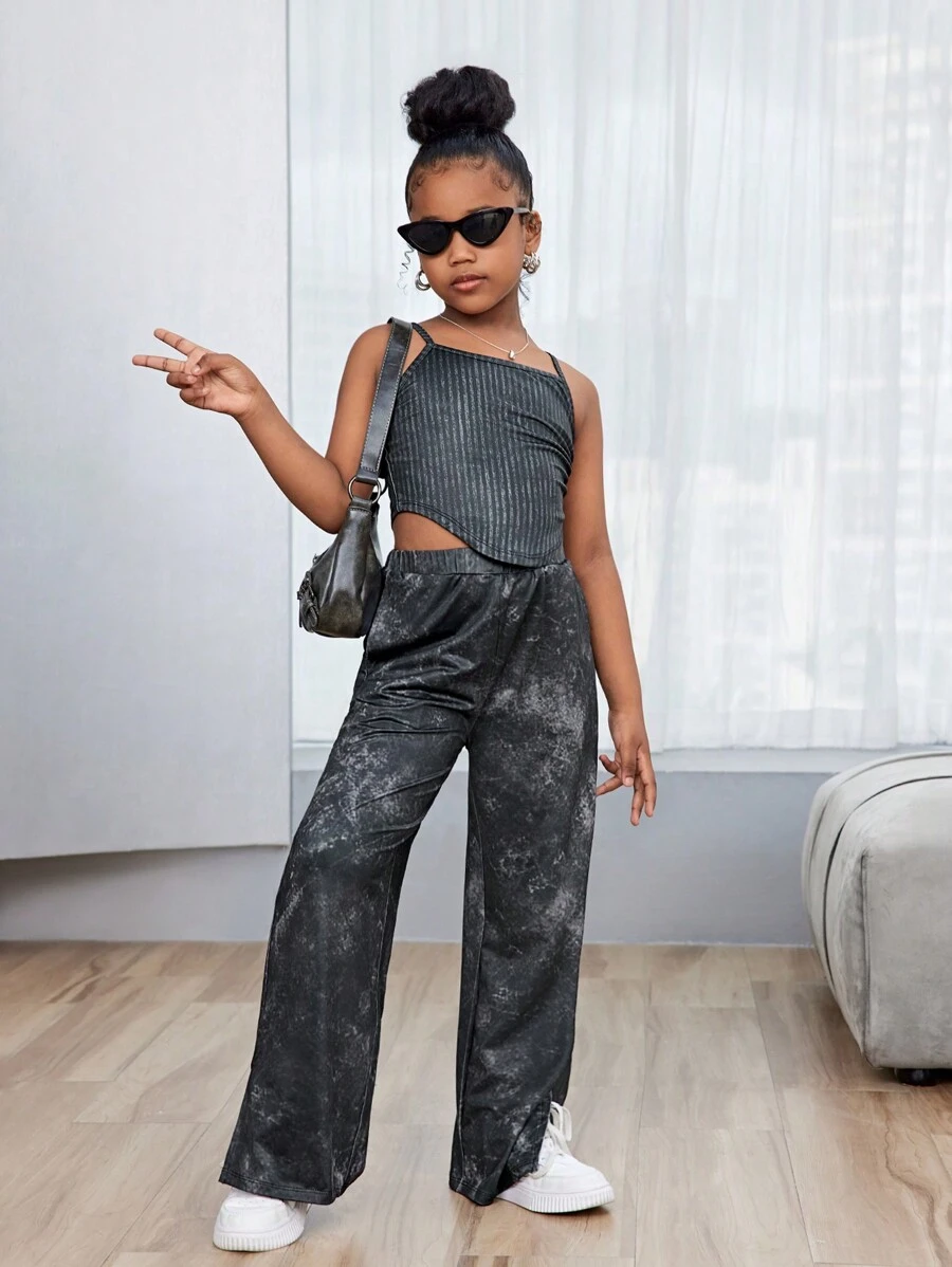 2pcs Tween Girl's Washed Effect Camisole And Wide-Leg Pants Set - Black - View 1