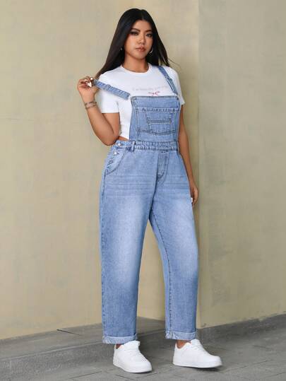 SHEIN ICON Plus Size Women's Summer Pocket Casual Versatile Denim Bib Overalls