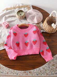SHEIN Young Girl's Round Neck Strawberry Print Long Sleeve Casual Loose Comfortable Sweater - Watermelon Pink - View 1