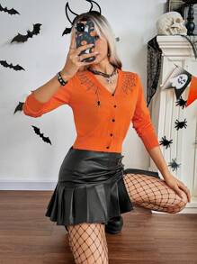 Chiquease Women's Spider Web Pattern V-Neck Cardigan, For Halloween Fall Cloth For Women - Orange - View 5