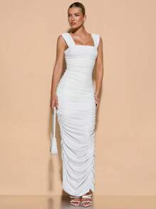 SHEIN BAE Đầm mini Bodycon dệt kim không tay màu trắng thanh lịch dành cho nữ, mùa hè - trắng - Xem 5