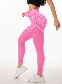 H835 豹纹粉色无缝紧身打底裤 - 粉色 - 查看 2