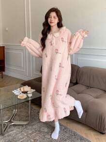 DAZY Flannel Sweet Pattern Allover Print Ruffle Hem Thick Nightgown Pajama,Thermal Lined Fall,Winter - Pink - View 6