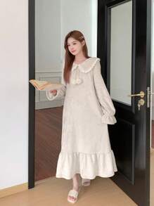 DAZY 加厚法兰绒蕾丝翻领甜美睡裙，蓬松保暖，适合秋冬季节，舒适温暖，宽松睡衣 - 米色 - 查看 8