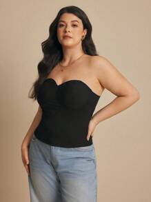 Elaquor 大码女式夏季纯色抹胸修身上衣 - 黑色 - 查看 7