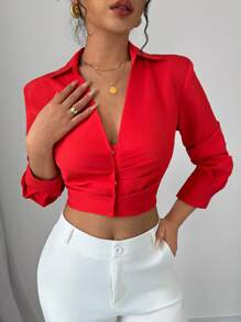 RosyDaze 女士 V 领长袖褶皱商务优雅迷人成熟衬衫新年衣服女士衬衫，长袖上衣 - 紅色 - 查看 6