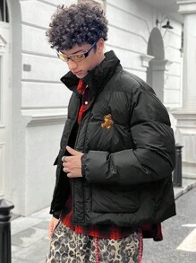 Manfinity RebelGame 男士梭织时尚休闲花卉印花修身长袖夹棉大衣，适合秋冬 - 黑色 - 查看 4