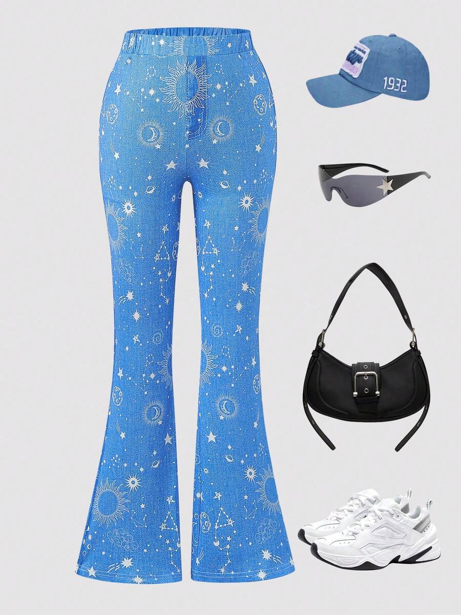 SHEIN Modne spodnie dzwony z elastyczną lamówką dla nastolatek, casualowe - Niebieski - Zobacz 1