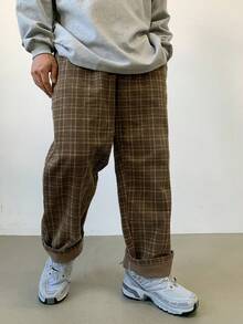 DAZY 男士格纹印花简约休闲裤，秋季灯芯绒 - 棕色 - 查看 6