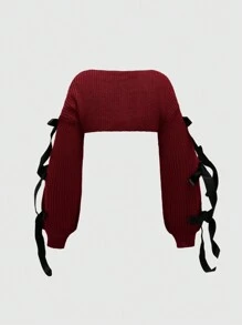 ROMWE Kawaii 休闲分层女式蝴蝶结领带装饰灯笼袖开衫罩衫轻便外套、长袖上衣