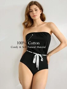 Ocili Leisure Comfortable Cotton Smooth Soft Natural Breathable Strapless Jumpsuit With Belt For Women Homewear - Black - View 1