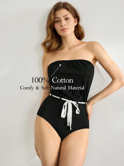 Ocili Leisure Comfortable Cotton Smooth Soft Natural Breathable Strapless Jumpsuit With Belt For Women Homewear