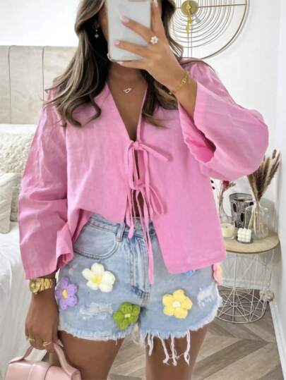 INAWLY Blusa casual holgada con manga larga y nudo delantero en unicolor para mujer de talla grande, camisa de mujer para primavera y verano