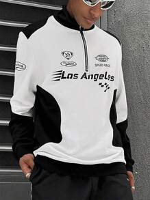 PAVTROS 男士字母印花撞色半拉链长袖休闲卫衣，赛车长袖街头服饰 - 黑與白 - 查看 6