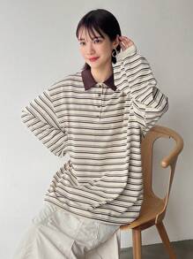 FRIFUL 女士宽松条纹 Polo 领长袖休闲 T 恤，春夏、秋季服装 - 彩色 - 查看 7