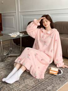 DAZY Flannel Sweet Pattern Allover Print Ruffle Hem Thick Nightgown Pajama,Thermal Lined Fall,Winter - Pink - View 4