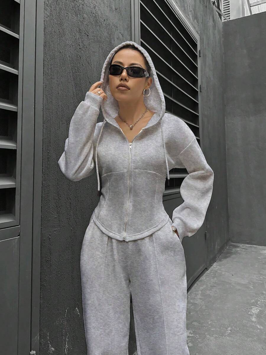 SHEIN Unity 女士纯色拉链前落肩长袖连帽衫和裤子休闲两件套 - 灰色 - 查看 1