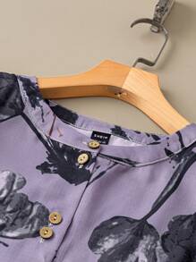 EMERY ROSE Women's Casual Printed Button Decorated Round Neck Short Sleeve Blouse - Multicolor - View 3