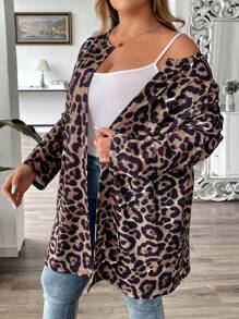 SHEIN VCAY Plus Size Women's Spring Autumn Leopard Print Long Sleeve Open Front Casual Jacket