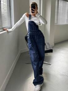 DAZY 女式纯色无袖牛仔连体裤，带口袋，返校服工装裤 - 藍色 - 查看 5