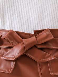 SHEIN 2 件套女童（大）优雅羽毛装饰针织毛衣上衣和不对称下摆 PU 裙子，2024 年秋冬 - 彩色 - 查看 7