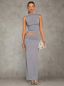 SHEIN BAE 两件套：纯灰色舒适针织褶饰不对称吊带背心和长款不对称半身裙，适合女士秋季日常穿着、派对、约会 - 灰色 - 查看 1