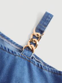 SHEIN Tween Girl Chain Detail Asymmetrical Neck Wide Leg Denim Jumpsuit,Girls Fall Clothes Back To School Outfits