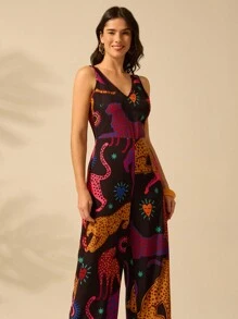 CAJUNI Phụ Nữ Kỳ Nghỉ Cổ Chữ V Nhiệt Đới Colorfal Da Báo Không Tay Đen Thẳng Thường Ngày Mùa Hè Rời Jumpsuit - Nhiều màu - Xem 4