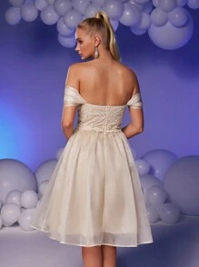 SHEIN Belle Women's White Off-Shoulder Sequin Lace Patchwork Shiny Mesh Ruffle Decor High-Waist A-Line Princess Bridal Gown,Elegant Prom Semi Formal Party Dress - Apricot - View 3