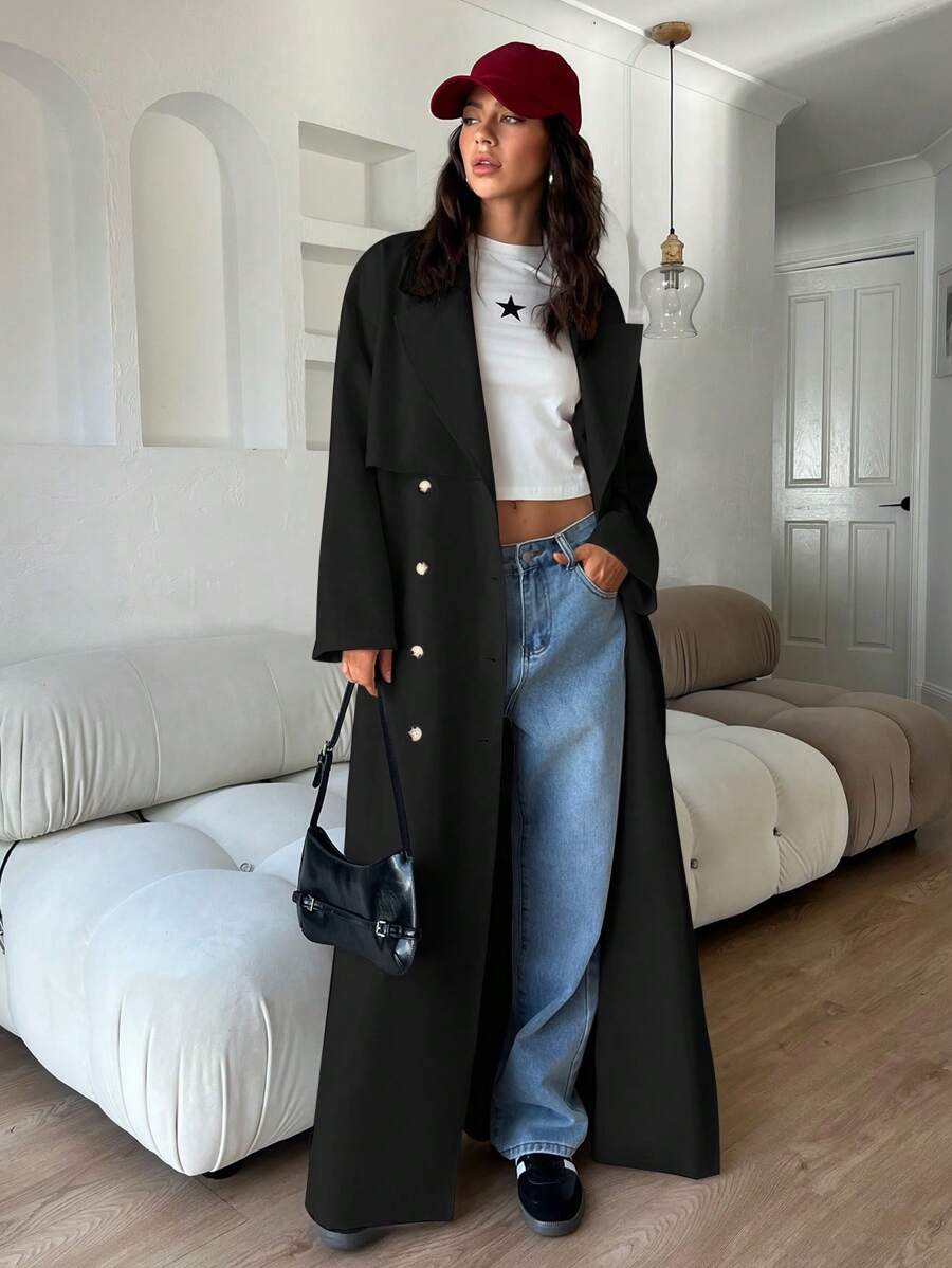 Aloruh Women's Casual Linen Long Open Front Double Breasted Trench Coat, Autumn Winter - Black - View 1