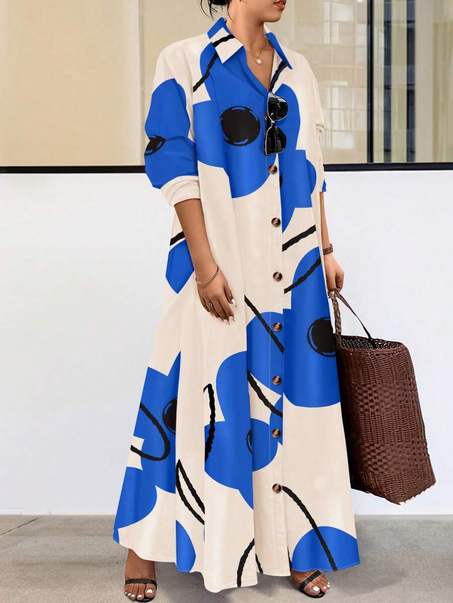 EMERY ROSE Vestido camisero de talla grande con estampado aleatorio, para primavera y otoño, atuendo casual para mujeres - Albaricoque - Ver 1